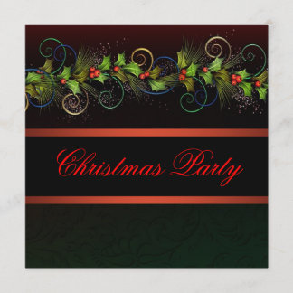 Invitación Fiesta de Navidad Holly Negro Rojo Dorado