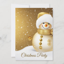 Invitación Fiesta de Navidad Hombre de Nieve Dorado Copos de 