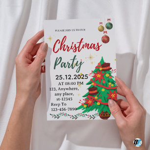 Invitación Fiesta de Navidad Ilustrativa Verde Beige Monada