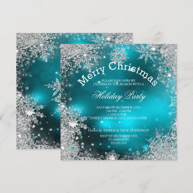 Invitación Fiesta de Navidad Invierno Mágico Verde Azul (Anverso / Reverso)