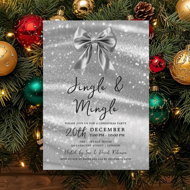 Invitación Fiesta de Navidad Jingle Mingle con Arco de Plata  (Jingle Mingle Christmas Party Silver Bow Invitation)