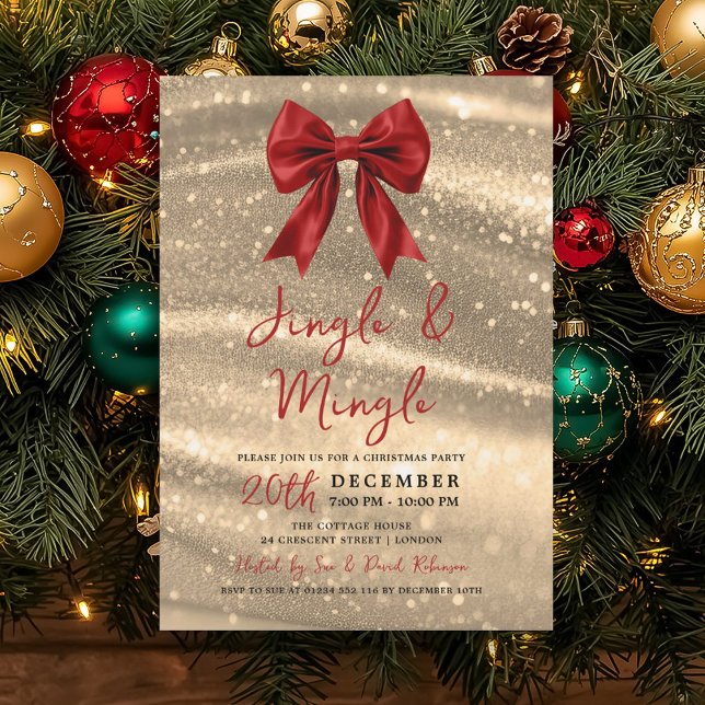 Invitación Fiesta de Navidad Jingle & Mingle con Lazo Rojo y  (Jingle & Mingle Xmas Party Gold Sparkle Red Bow Invitation)