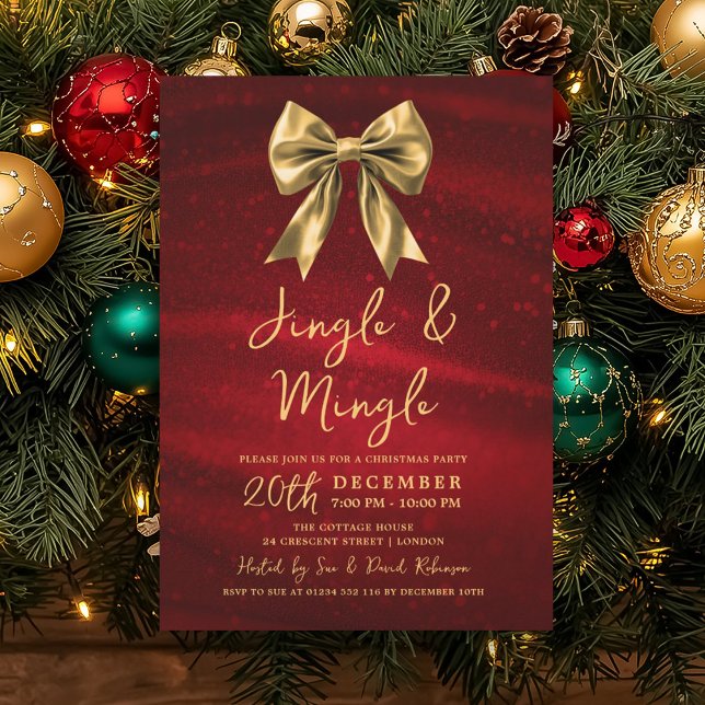 Invitación Fiesta de Navidad Jingle Mingle Dorado Arco Platea (Jingle Mingle Christmas Party Gold Bow Silver Red Invitation)