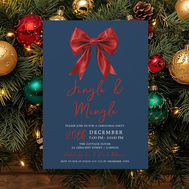 Invitación Fiesta de Navidad Jingle Mingle Glam Bow Navy  (Red Jingle Mingle Christmas Party Glam Bow Navy Invitation)