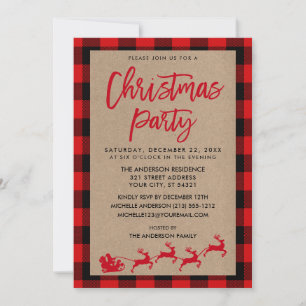 Invitación Fiesta de Navidad Kraft Rojo Tartán