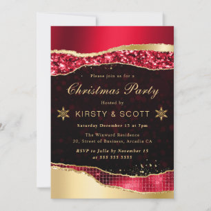 Invitación Fiesta de Navidad Lágrimas de Glamour Rojo y Dorad