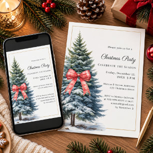 Invitación Fiesta de Navidad lazo de tartán rojo árbol nieve