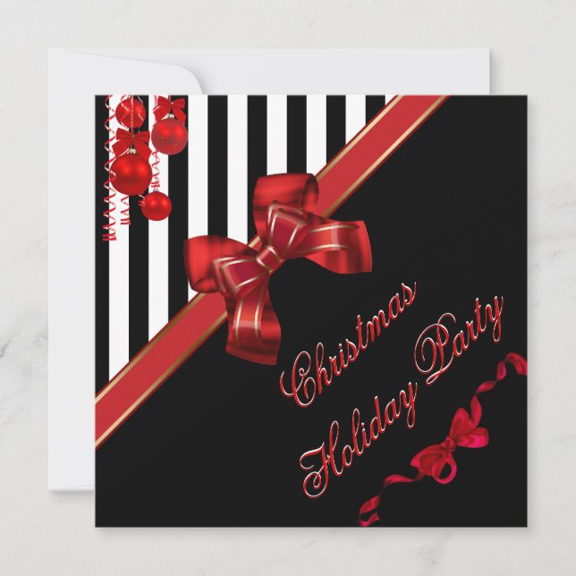 Invitación Fiesta de Navidad lazo rojo blanco raya Navidad (Anverso)