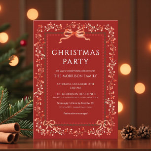 Invitación Fiesta de Navidad Lazo Rojo Moderno Vacaciones