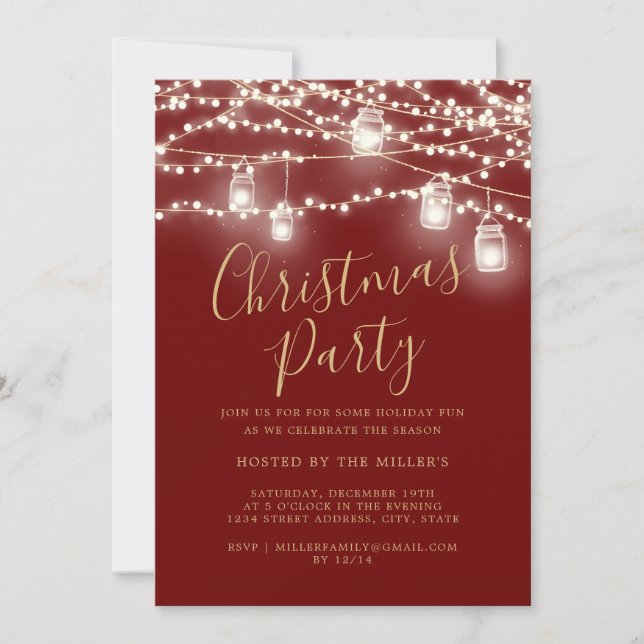 Invitación Fiesta de Navidad Luces Blancas Rojos Script (Anverso)