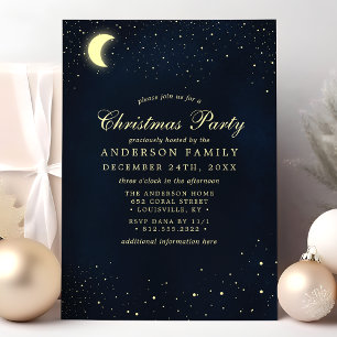 Invitación Fiesta de Navidad Luna Estrellas Celestiales Azul
