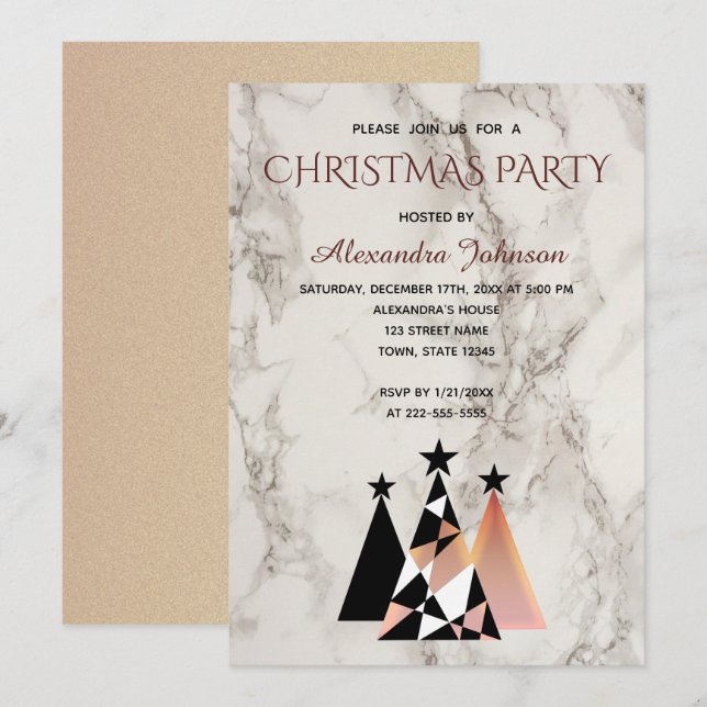 Invitación Fiesta de Navidad Mármol Blanco y Rosa Dourado Ele (Anverso / Reverso)