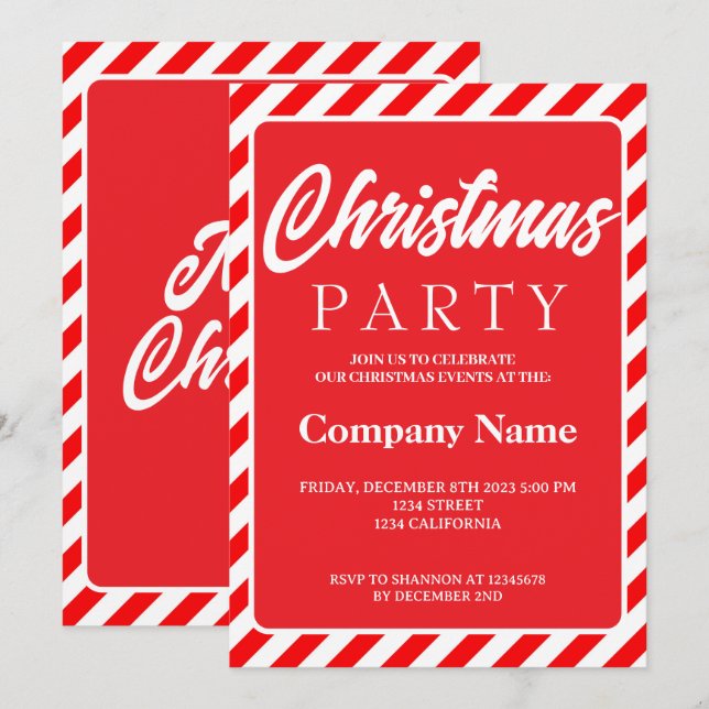 Invitación Fiesta de Navidad moderna a rayas rojas y blancas (Anverso / Reverso)