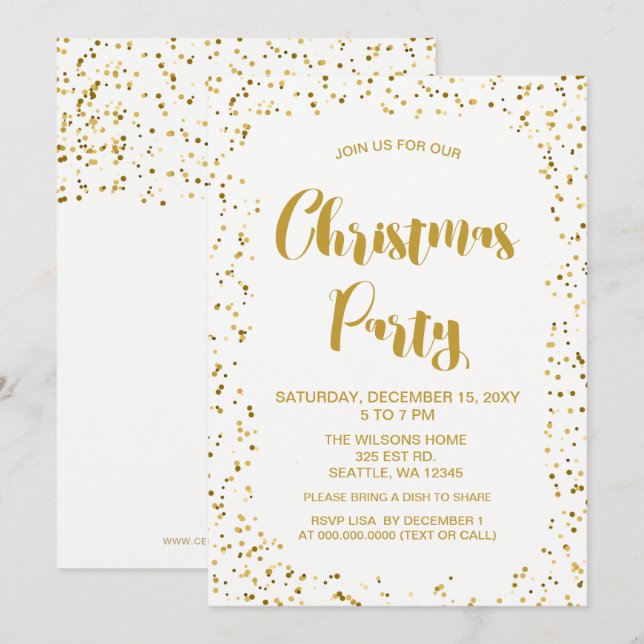 Invitación Fiesta de Navidad moderna con confeti blanco y dor (Anverso / Reverso)