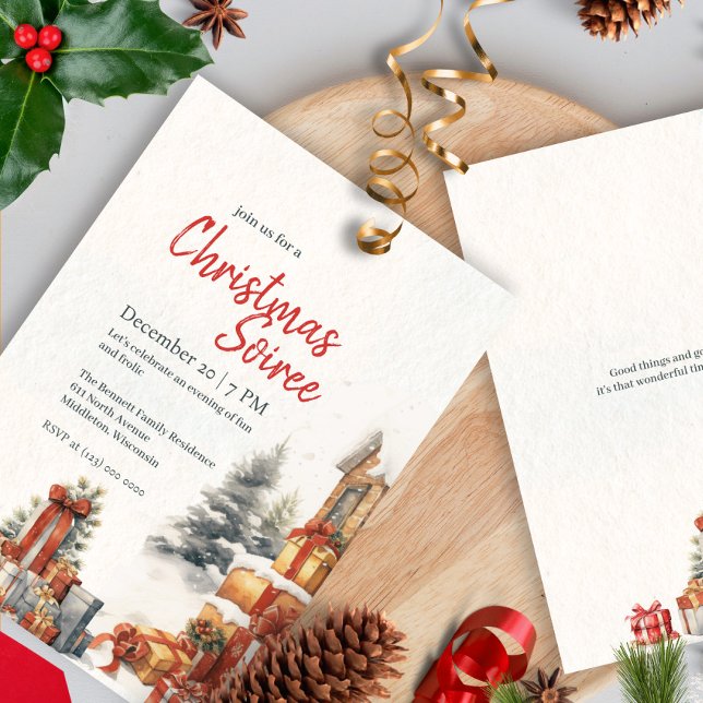 Invitación Fiesta de Navidad Moderna de Acuarela Invierno Roj (Subido por el creador)