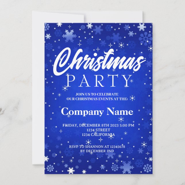 Invitación Fiesta de Navidad moderna de copo de nieve azul y  (Anverso)