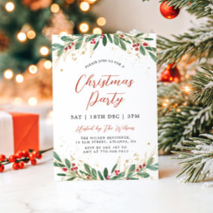 Invitación Fiesta de Navidad Moderna en Verde y Dorado