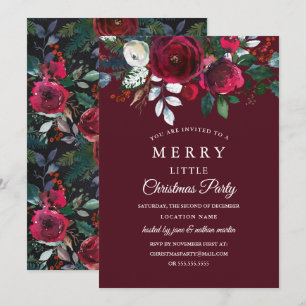 Invitación Fiesta de Navidad Moderna Floral Roja de Borgoña