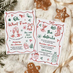 Invitación Fiesta de Navidad moderna roja y verde dibujada a