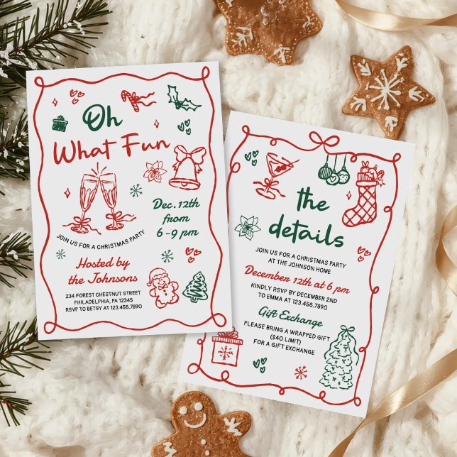 Invitación Fiesta de Navidad moderna roja y verde dibujada a  (Subido por el creador)