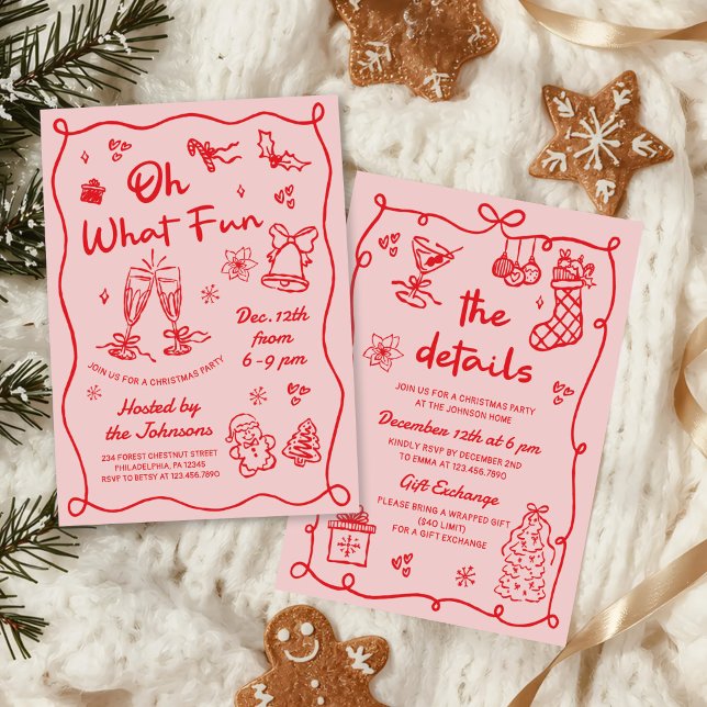 Invitación Fiesta de Navidad moderna rosa roja dibujada a man (Subido por el creador)