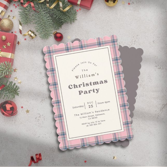 Invitación Fiesta de Navidad moderna y elegante de cuadros ro (Modern Elegant Pink Plaid Christmas Party Invitation)