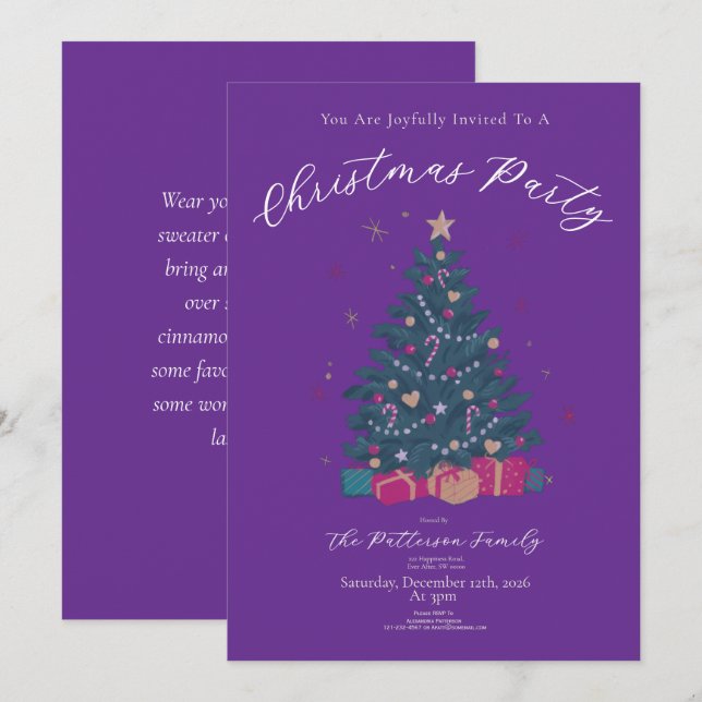 Invitación Fiesta de Navidad Morado Regio Árbol Rústico (Anverso / Reverso)