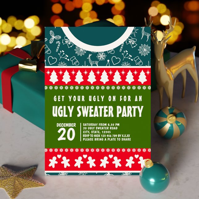 Invitación Fiesta de navidad navideña azul rojo y verde feo d (Festive Blue Red and Green Ugly Sweater Xmas Party Invitation)
