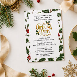 Invitación Fiesta de Navidad Negocios con Guión Dorado y Hoja