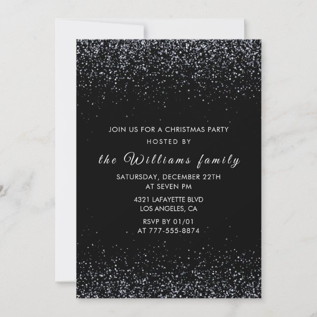Invitación Fiesta de Navidad Negra  Brillo de Plata (Anverso)