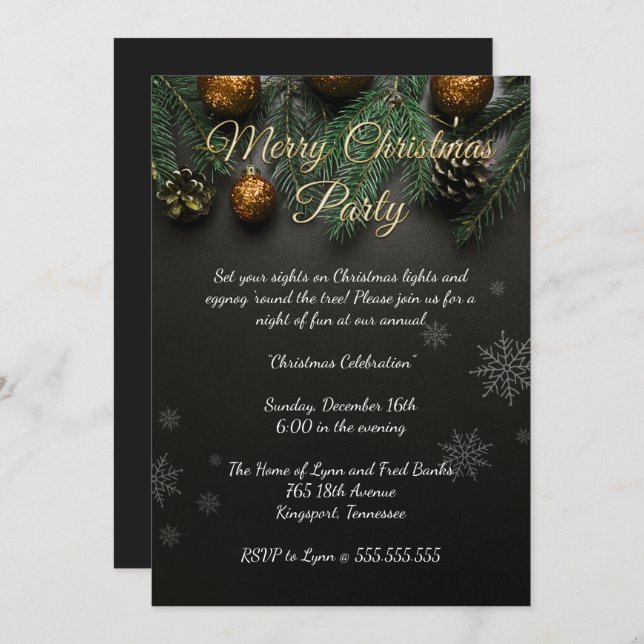 Invitación Fiesta de Navidad Negra Elegante (Anverso / Reverso)