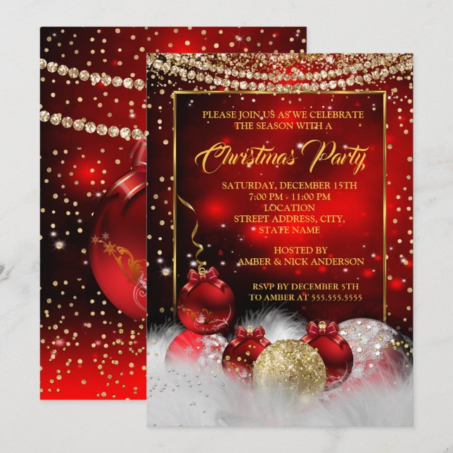 Invitación Fiesta de Navidad Nieve de Oro Rojo (Anverso / Reverso)