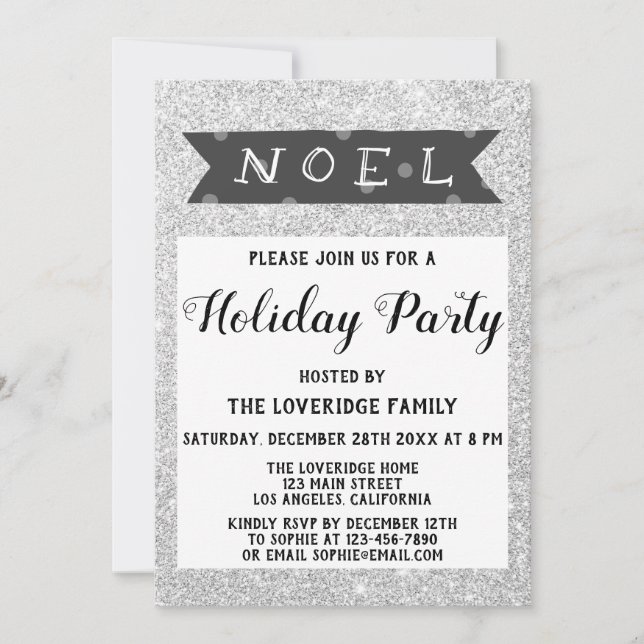 Invitación Fiesta de Navidad Noel Gris Brillo Plateado (Anverso)