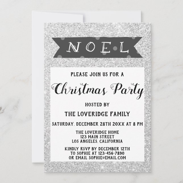Invitación Fiesta de Navidad Noel Gris Brillo Plateado (Anverso)