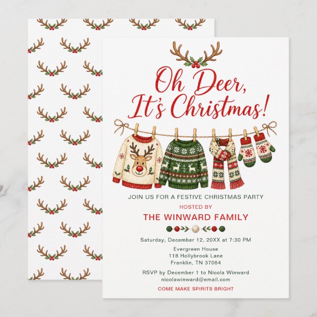 Invitación Fiesta de Navidad Oh Ciervo Jersey Feo (Anverso / Reverso)
