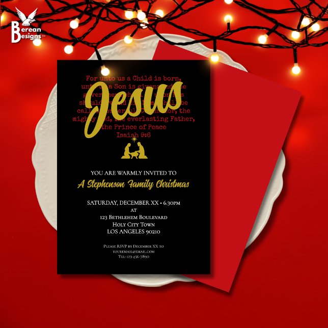 Invitación Fiesta de Navidad PARA NOSOTROS (Stylish FOR UNTO US Christian Christmas invitation with Bible Verse and nativity in black red gold)
