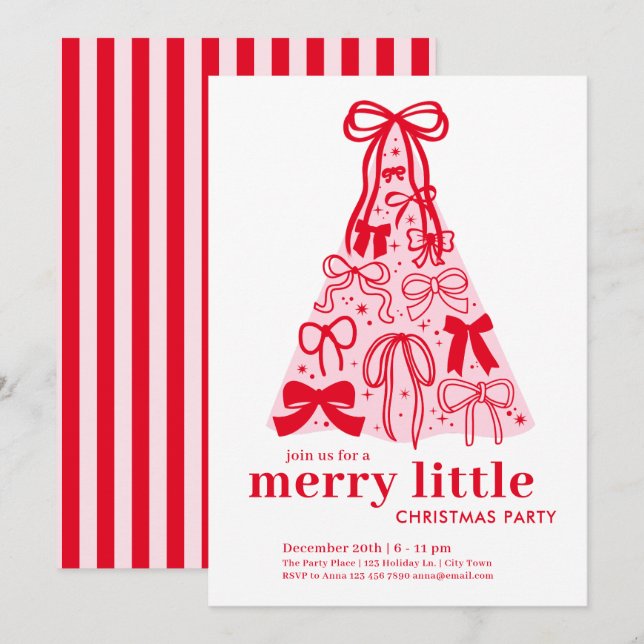 Invitación Fiesta de Navidad Pequeña y Alegre Rosa Rojo (Anverso / Reverso)
