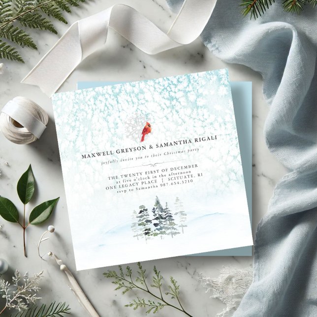 Invitación Fiesta de Navidad Personalizable Winter Pines (Christmas party invitations watercolor pine trees red cardinal wintery scene minimalistic)
