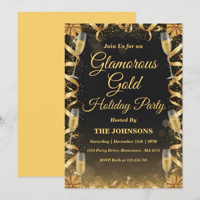 Invitación Fiesta de Navidad Personalizada Elegante de Oro (Anverso / Reverso)