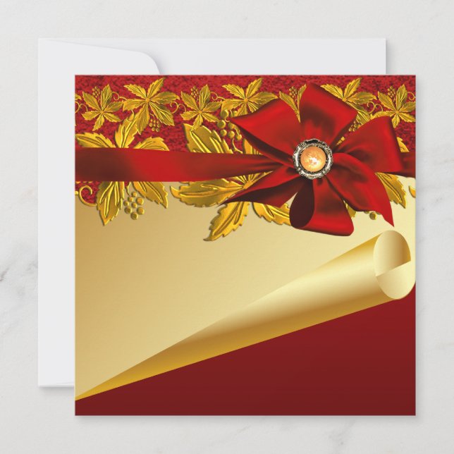 Invitación Fiesta de Navidad Poinsettia de Oro Rojo (Anverso)