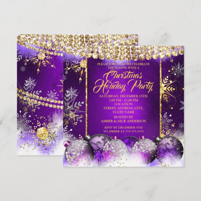 Invitación Fiesta de Navidad purple gold Bauble Nieve (Anverso / Reverso)