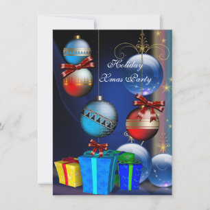 Invitación Fiesta de Navidad Regalos Cajas Bolas Rojas Azules