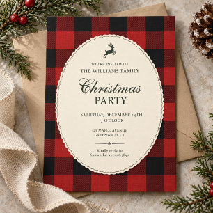 Invitación Fiesta de Navidad Reno Ciervo Cuadro Búfalo Rojo