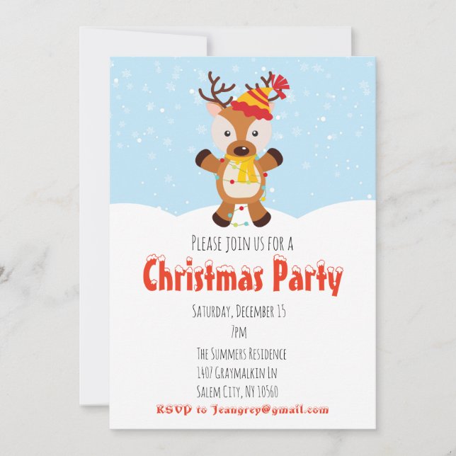 Invitación Fiesta de Navidad Reno Luces de Reno (Anverso)