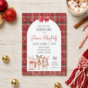 Invitación Fiesta de Navidad Reno Plaid Rojo