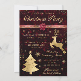 Invitación Fiesta de Navidad Reno Rojo y Dorado y Árbol