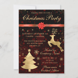 Invitación Fiesta de Navidad Reno Rojo y Dorado y Árbol