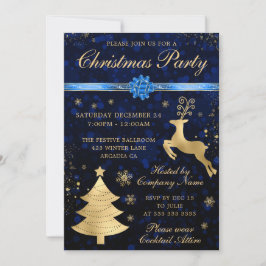 Invitación Fiesta de Navidad Reno y Árbol Azul y Dorado