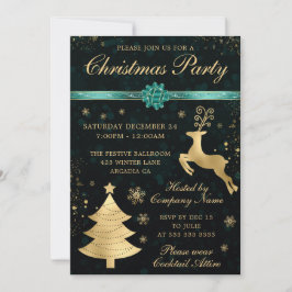 Invitación Fiesta de Navidad Reno y Árbol de Teal y Oro