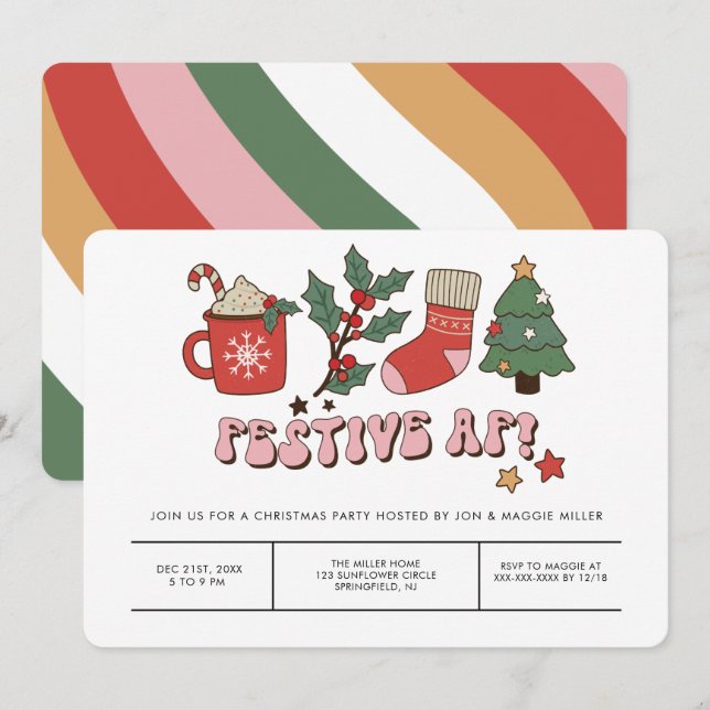 Invitación Fiesta de Navidad Retro Colorida y Festiva (Anverso / Reverso)
